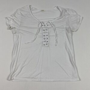 Garage Shirt Womens Small White Lace Up V Neck Short Sleeve Grommet Tee Top